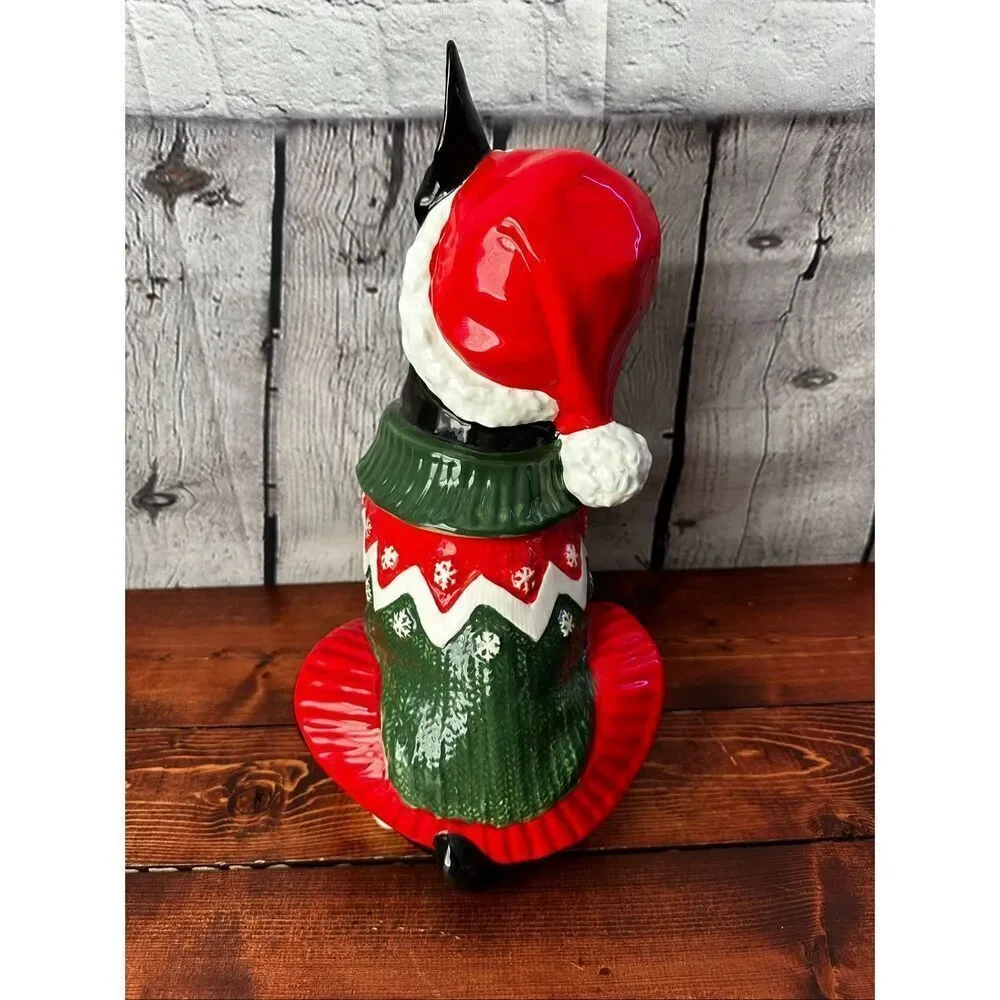 Blue Sky Clay Works Boston Terrier Christmas Cookie Jar Santa Hat Sweater 13.5”